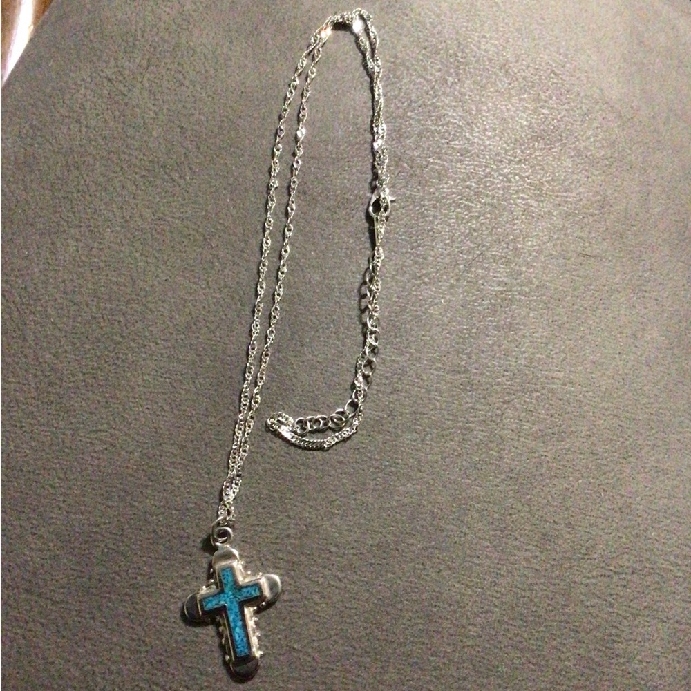 925 Silver and Blue Cross Pendant Necklace